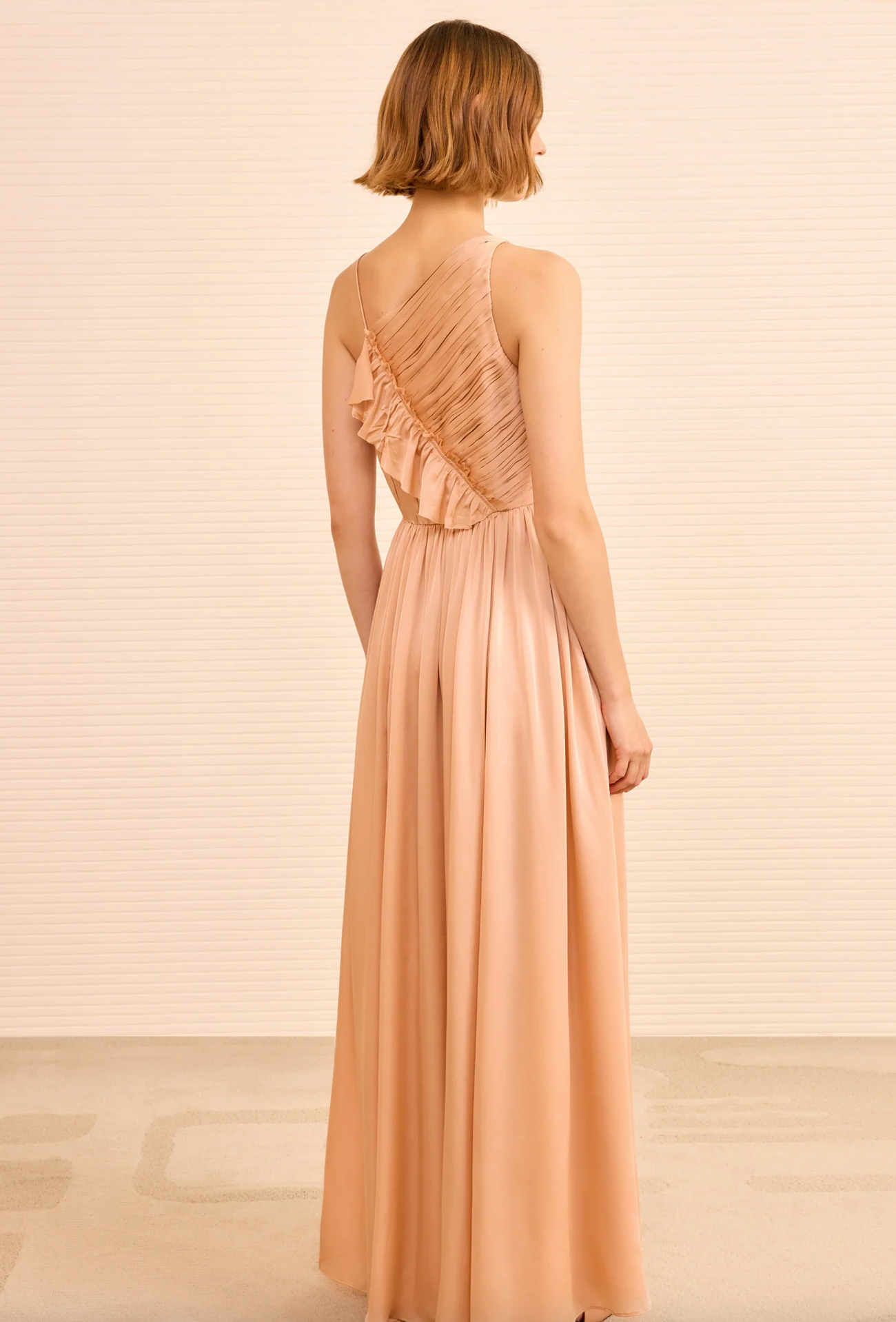 Aisha Pleated Asymmetrical Gown in Mulberry
