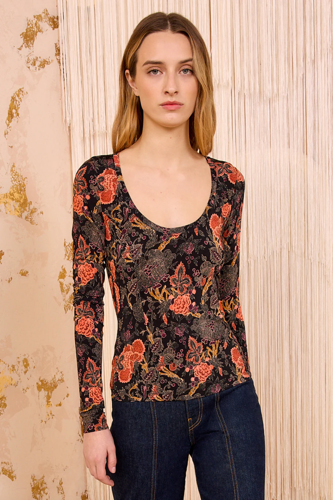 Ulla Johnson Aris Jersey Long Sleeve U-Neck Top in Night Lily