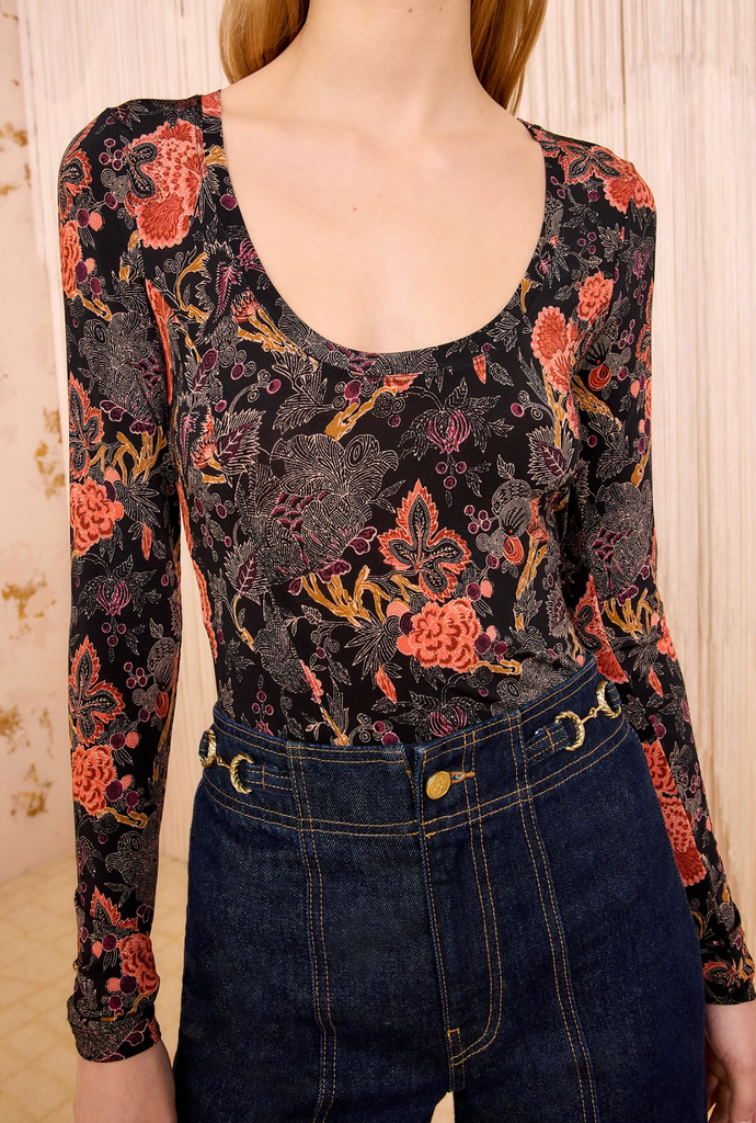 Ulla Johnson Aris Jersey Long Sleeve U-Neck Top in Night Lily