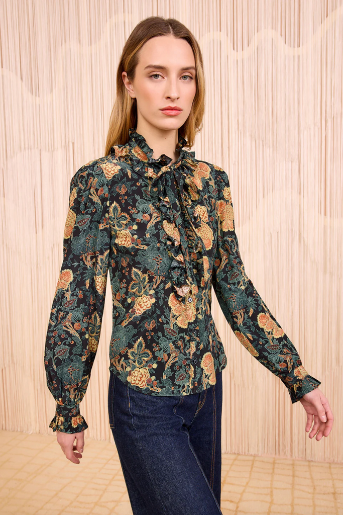 Catroux Silk Long Sleeve Button Front Blouse in Nuit