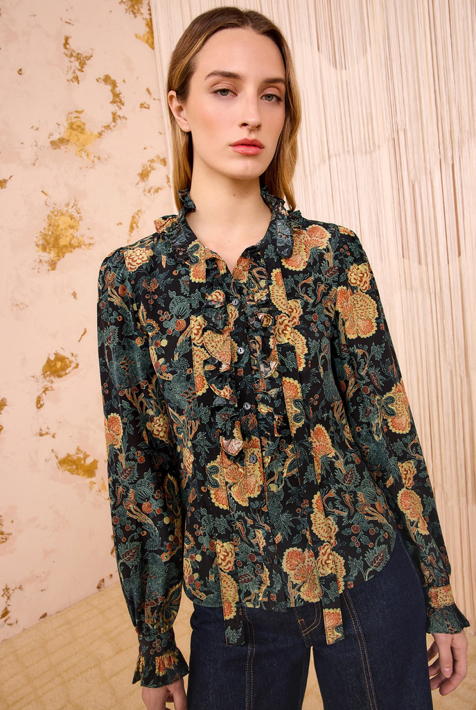 Catroux Silk Long Sleeve Button Front Blouse in Nuit