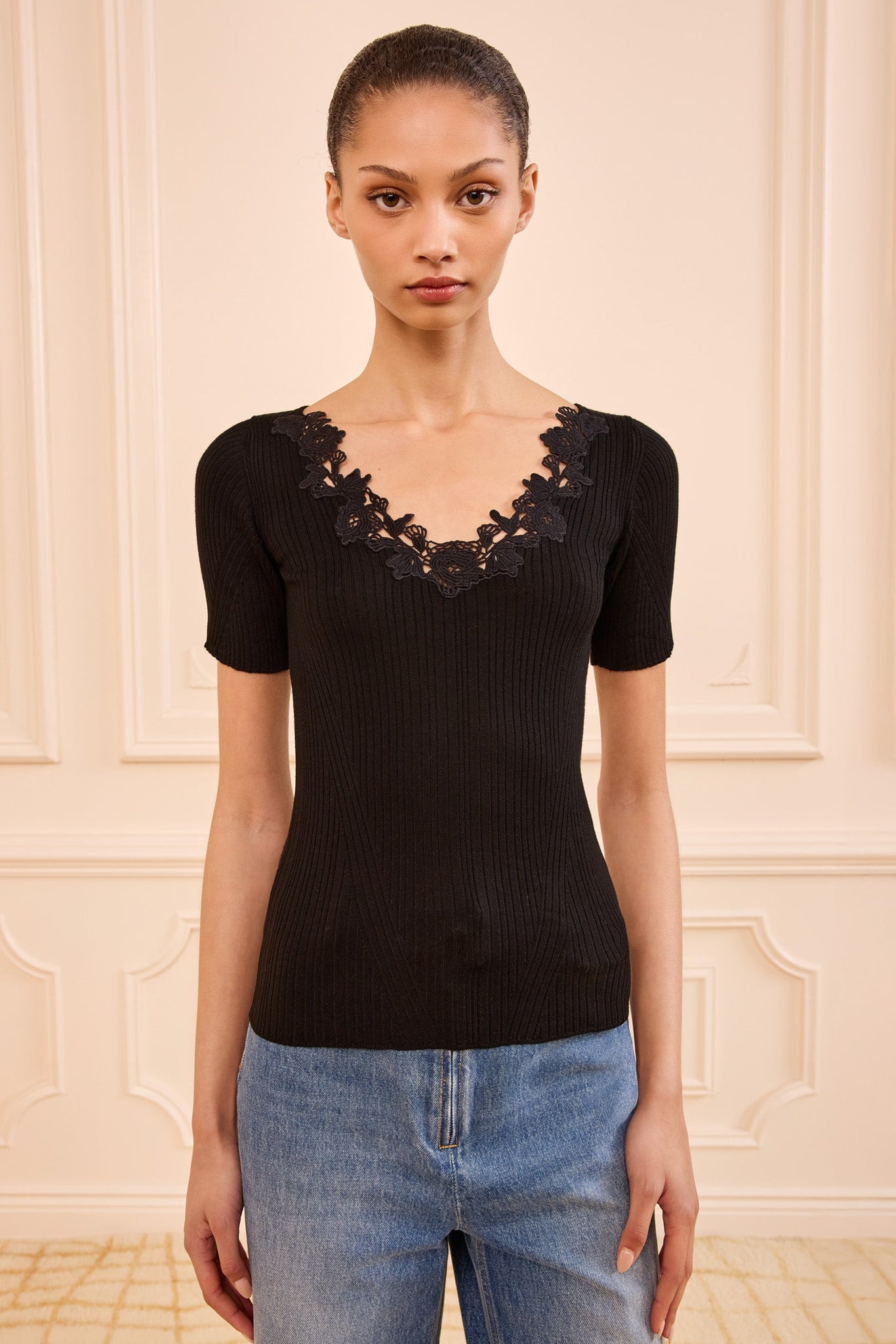 Celeste Knit Top with Lace in Noir
