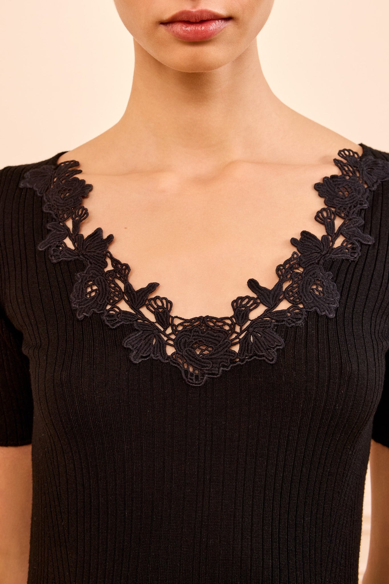 Celeste Knit Top with Lace in Noir