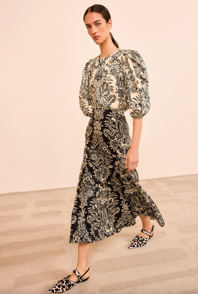 Clarisse Trumpet Midi Skirt in Noir Flora