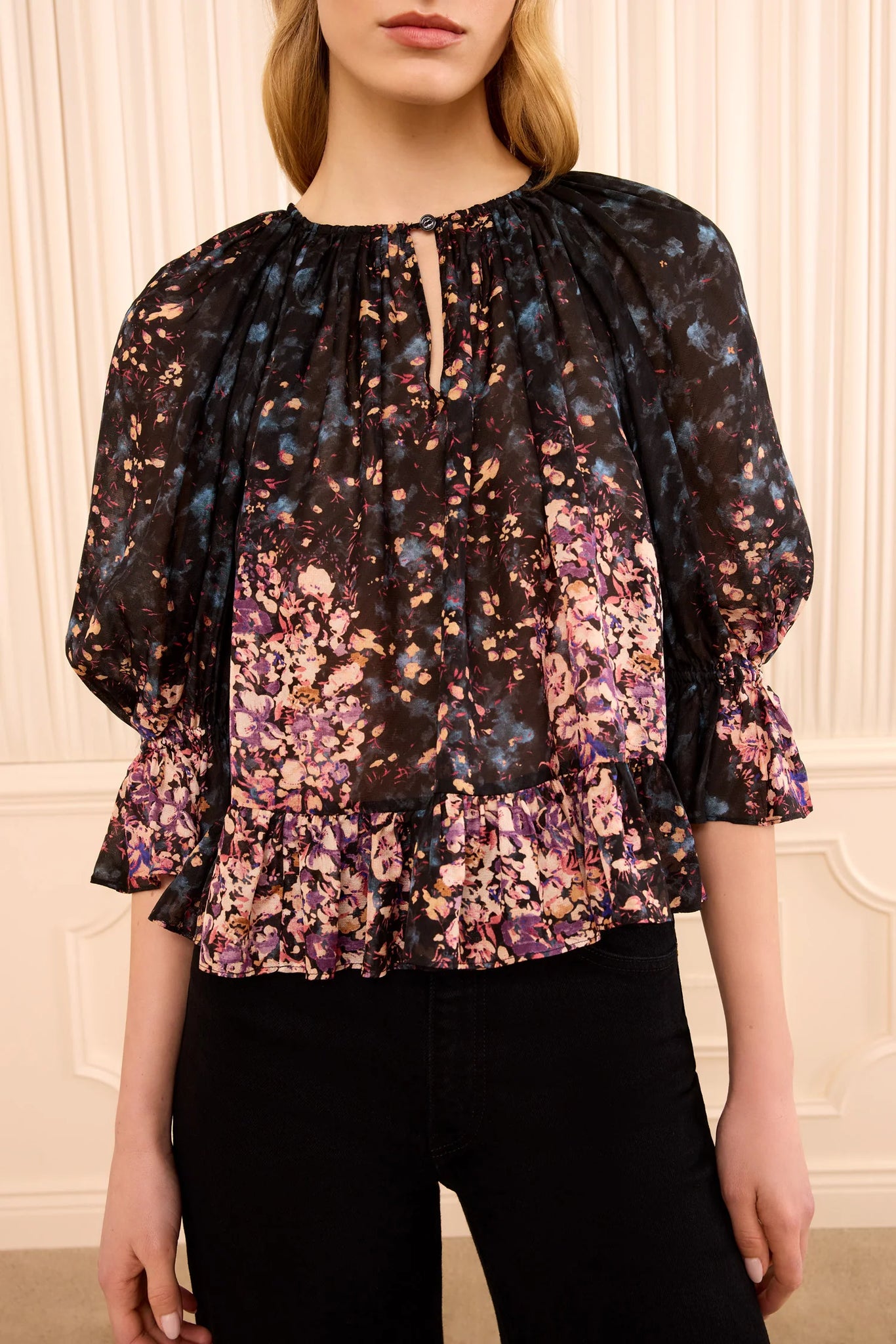 Elise Short Sleeve Silk Blouse in Eclipse