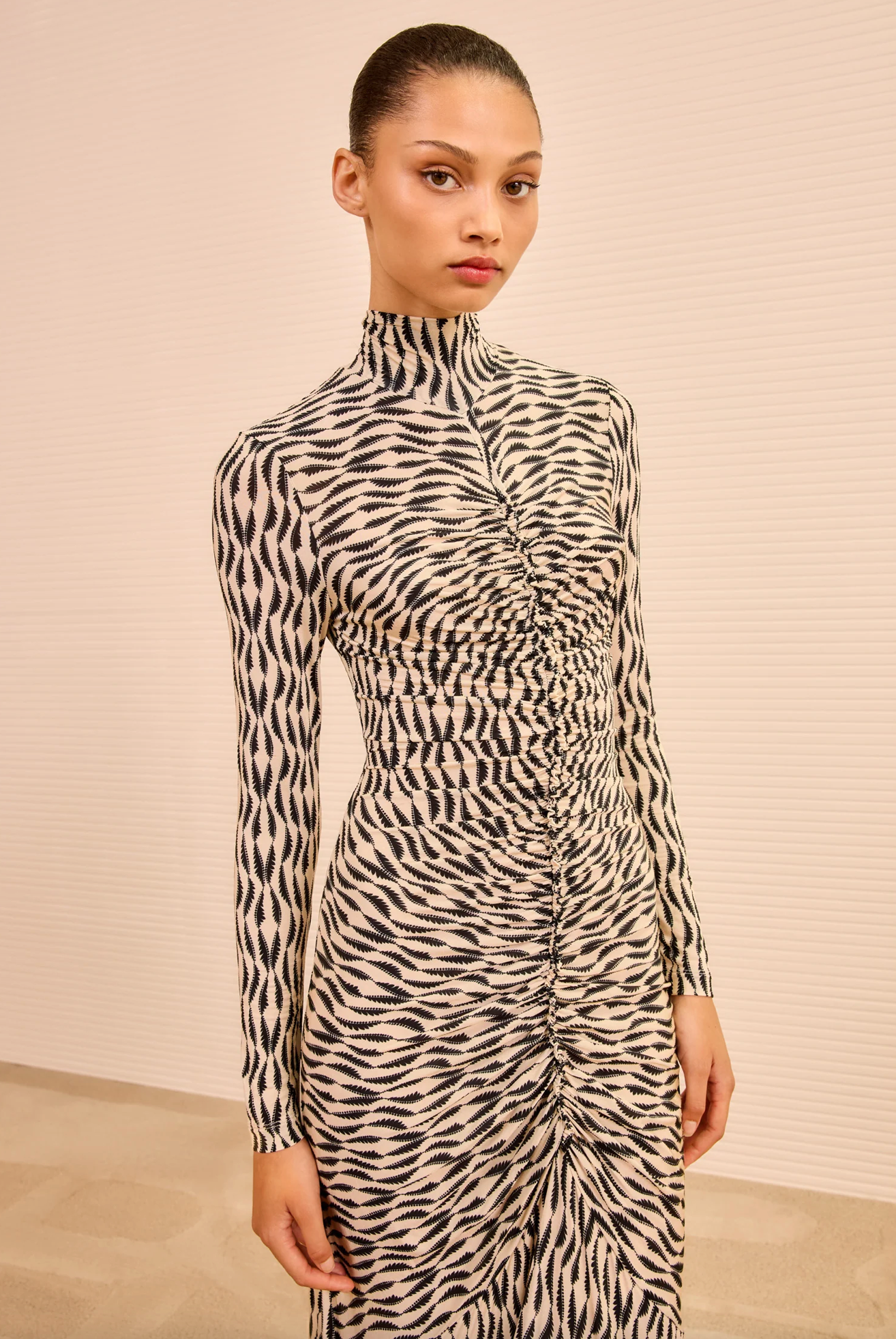 Ida Long Sleeve Ruched Turtleneck Dress in Silhouette