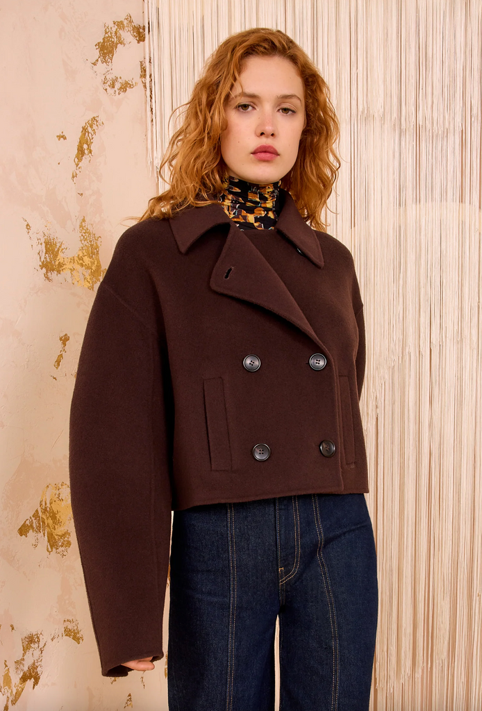 Marta Double Faced Wool Cropped Coat in Sable