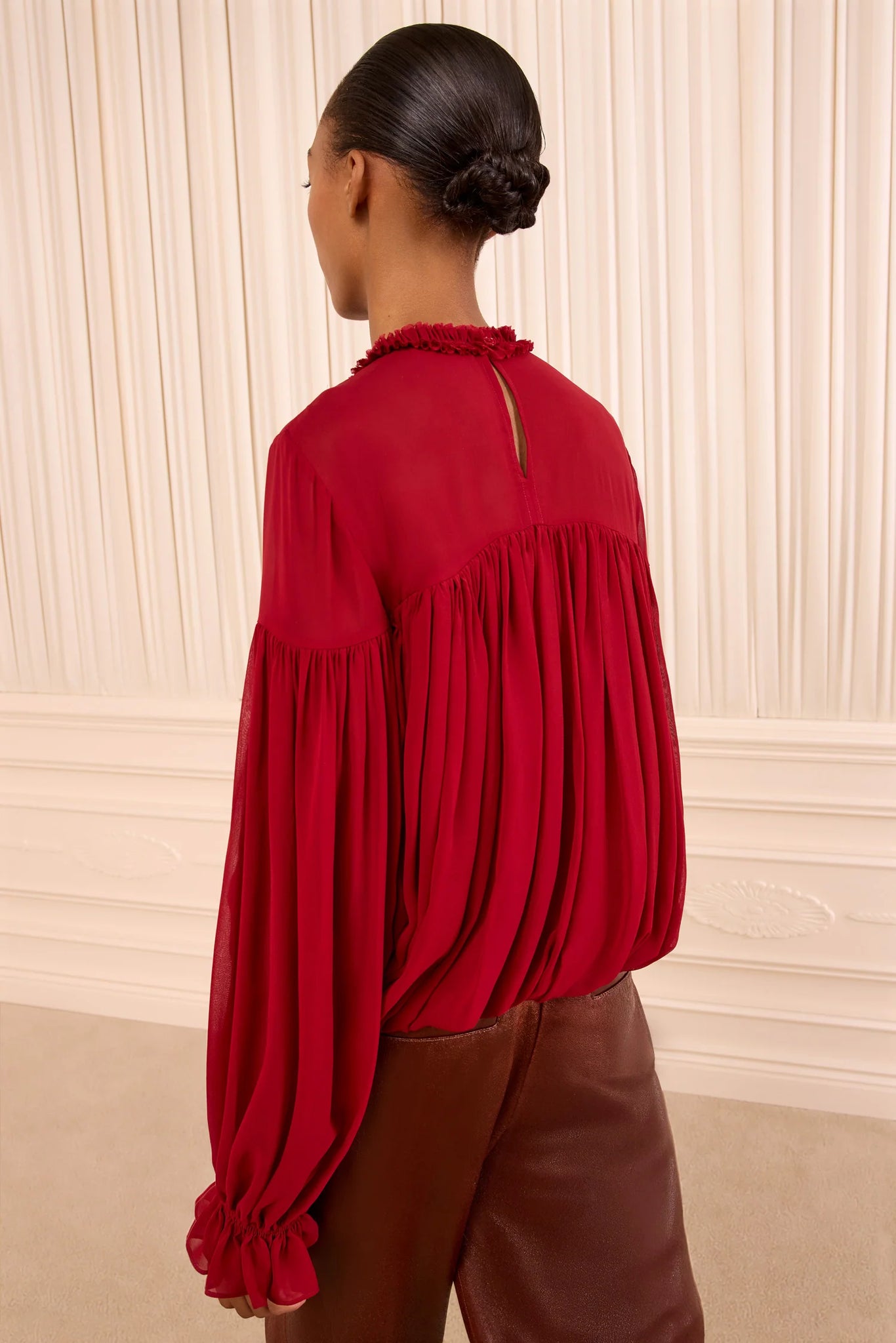 Pearl Long Sleeve Silk Blouse in Cerise