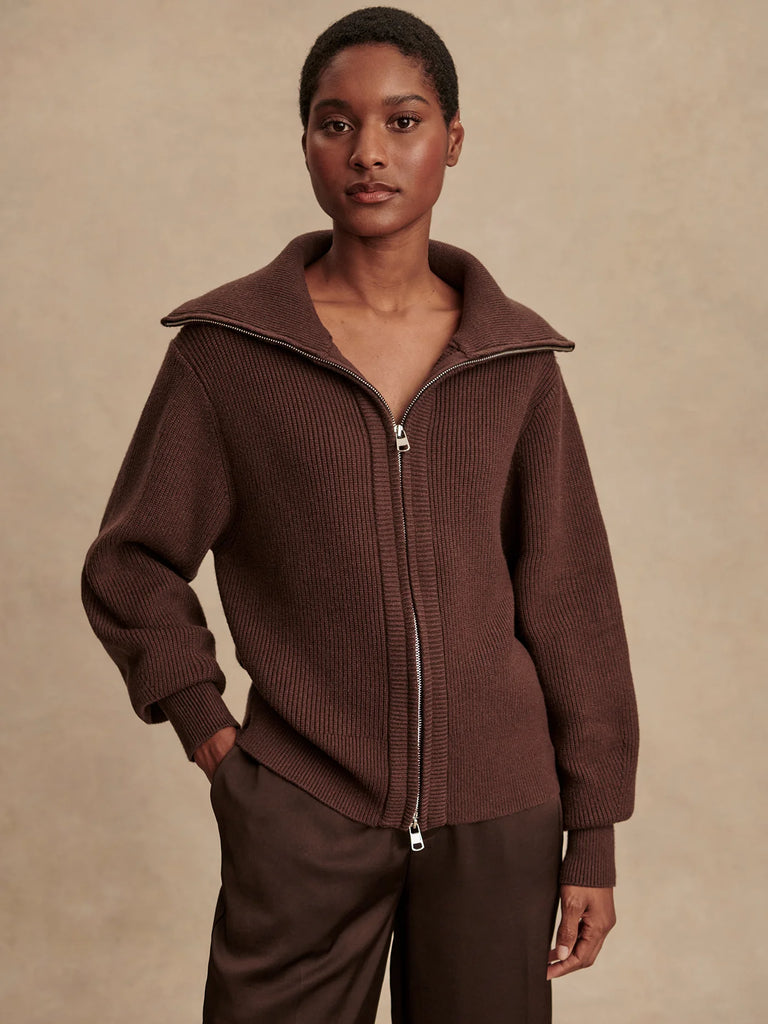 Enrico Zip-Through Knit Jacket in Coffee Bean