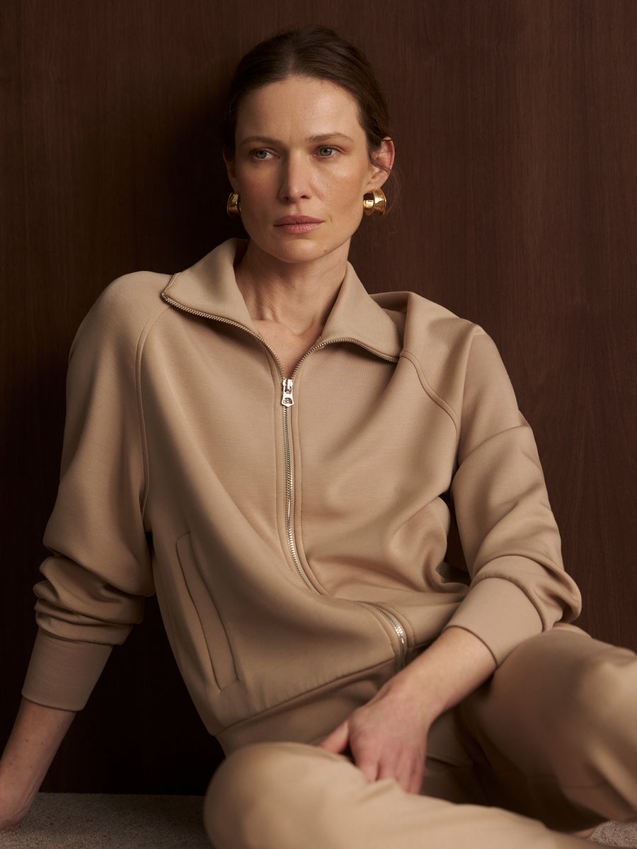 Tyde Zip Through Sweatshirt in Light Taupe