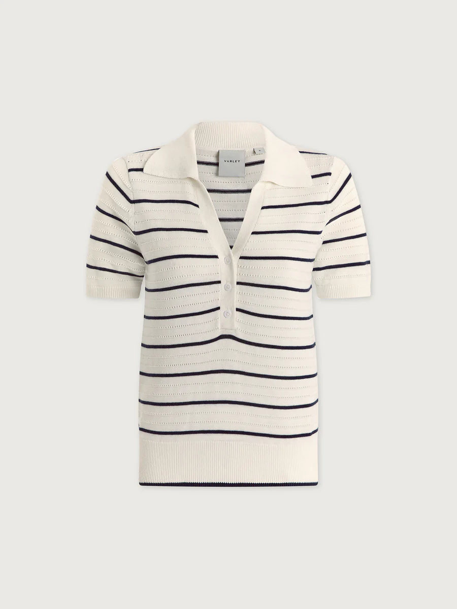 Wren Knit Polo in White/Blue Nights