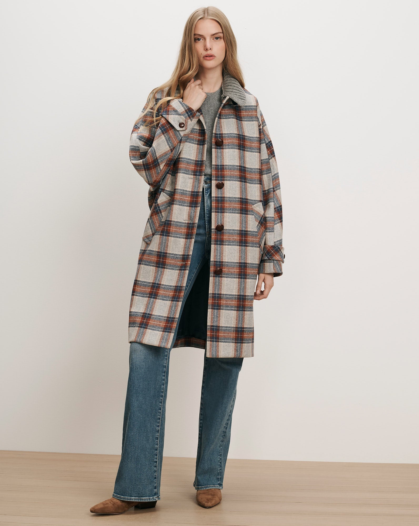 Laurent Removable-Collar Dickey Coat in Heather Grey Multi