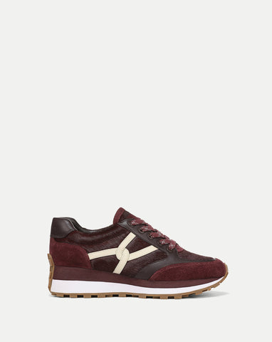 Valentina Calf-Hair Sneaker in Burgundy Suede and Leather