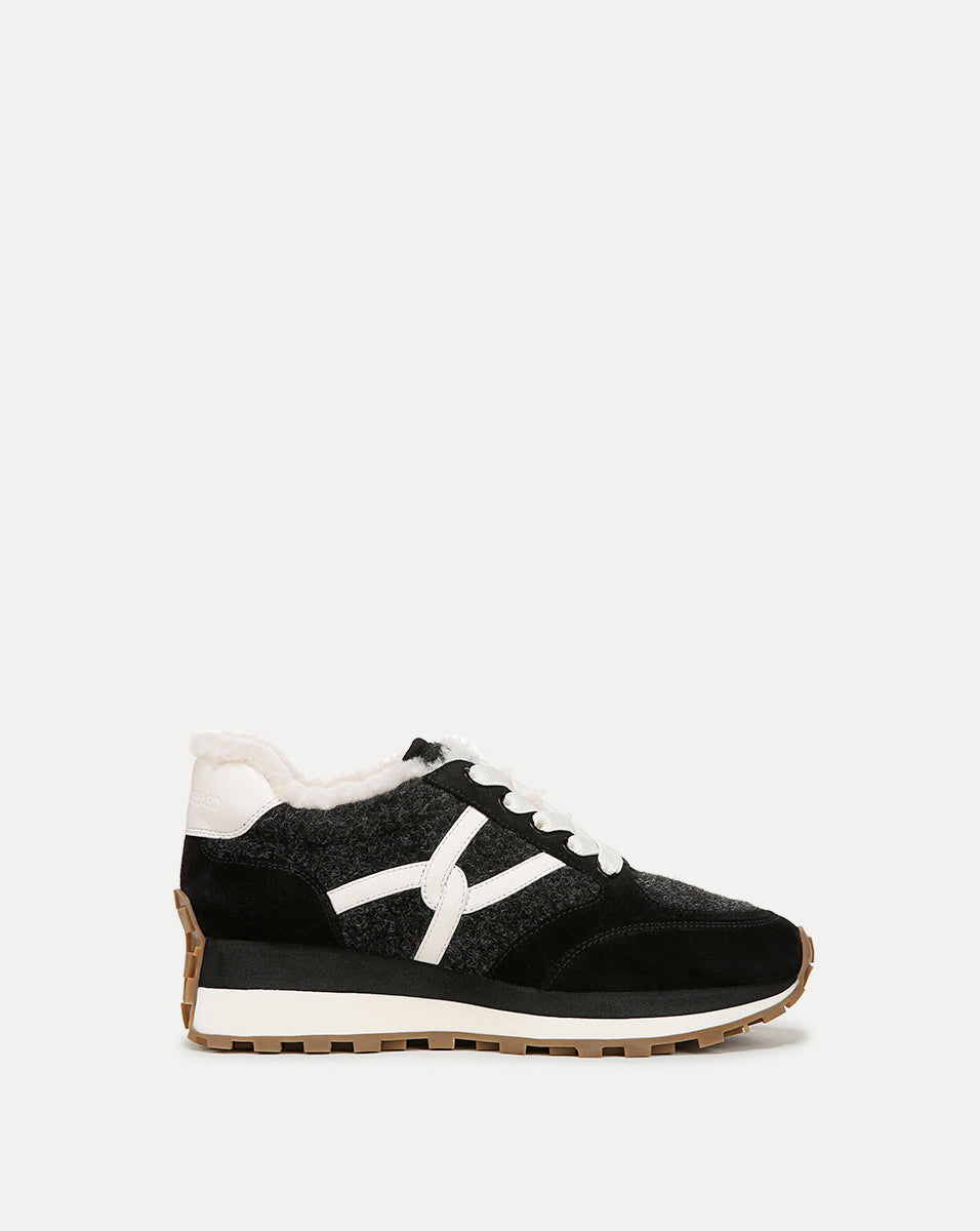Valentina Shearling Sneaker in Black Suede and Boiled Wool