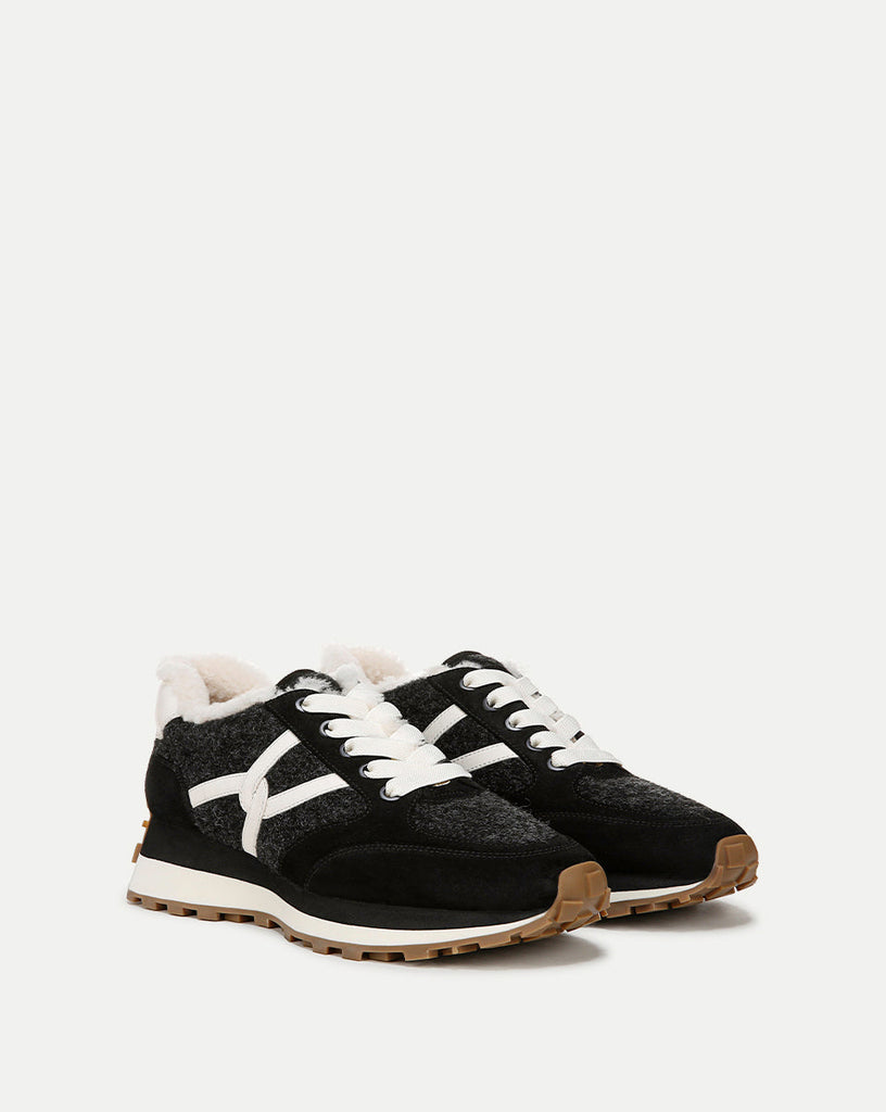 Valentina Shearling Sneaker in Black Suede and Boiled Wool