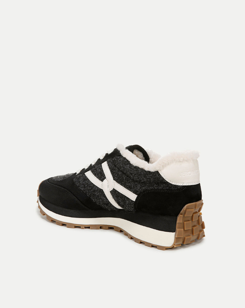 Valentina Shearling Sneaker in Black Suede and Boiled Wool