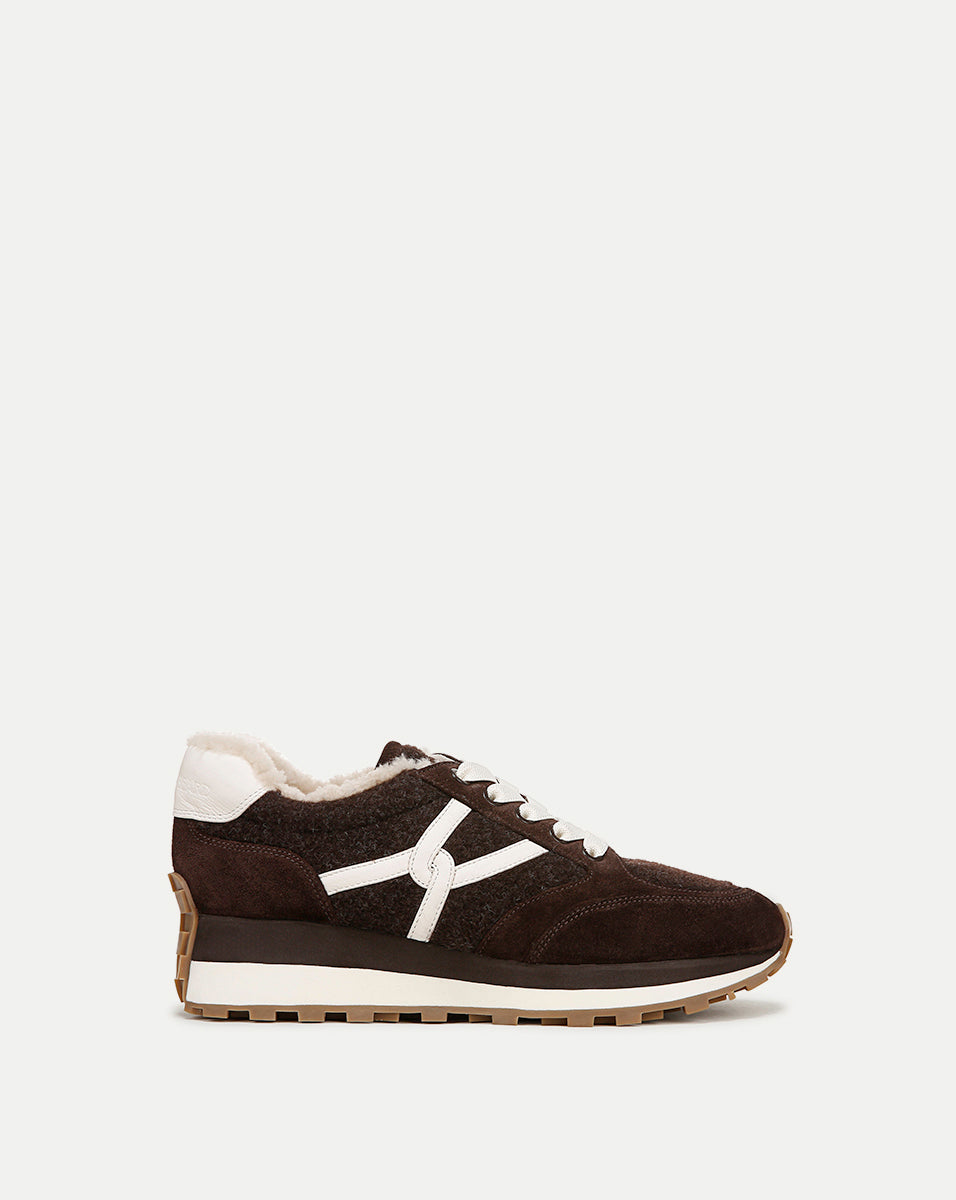 Valentina Shearling Sneaker in Dark Brown Suede and Boiled Wool
