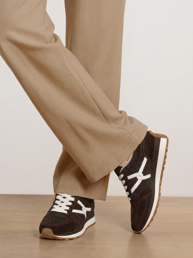 Valentina Shearling Sneaker in Dark Brown Suede and Boiled Wool