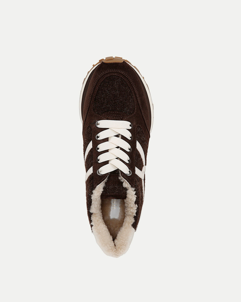 Valentina Shearling Sneaker in Dark Brown Suede and Boiled Wool
