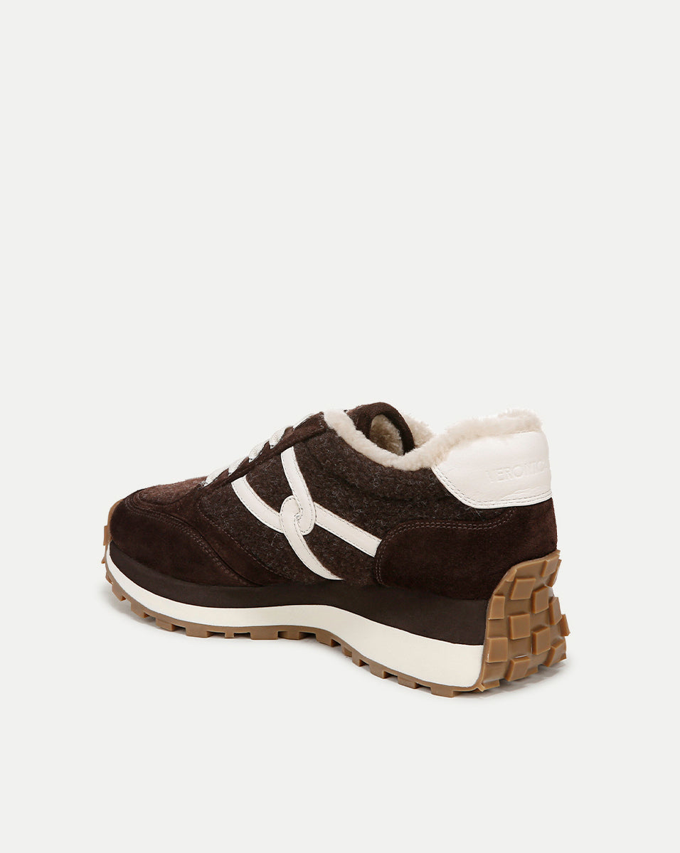 Valentina Shearling Sneaker in Dark Brown Suede and Boiled Wool