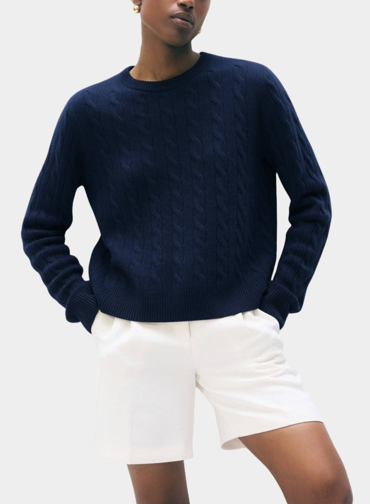 Cashmere Varsity Cable Crewneck in Deep Navy