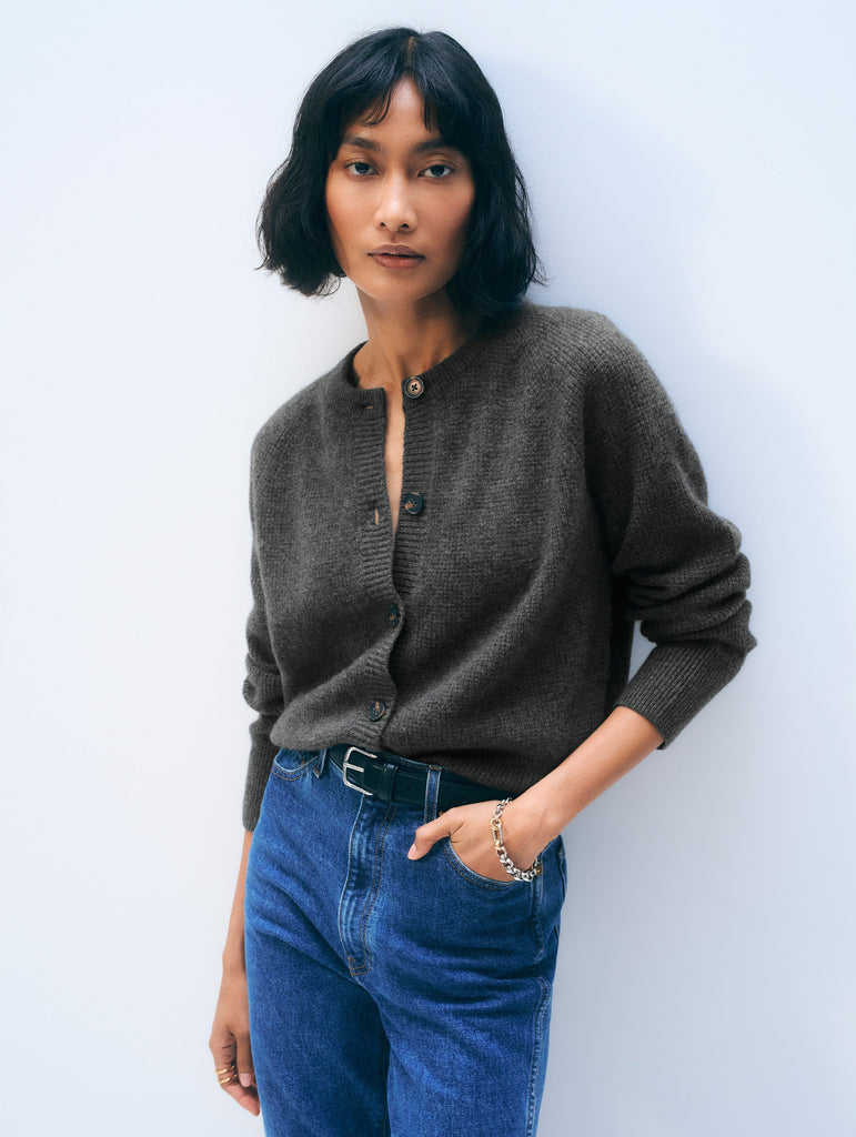 Cashmere Waffle Cardigan in Dark Slate Heather