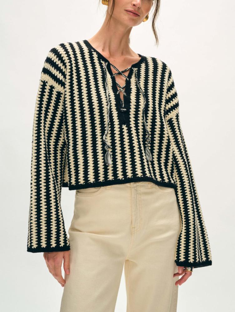 Cotton Crochet Split Neck Knit in Black Multi