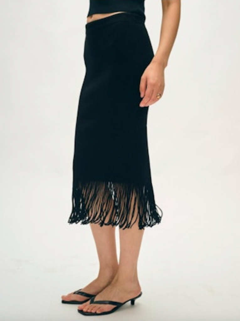 Viscose Blend Fringe Ribbed Skirt in Black