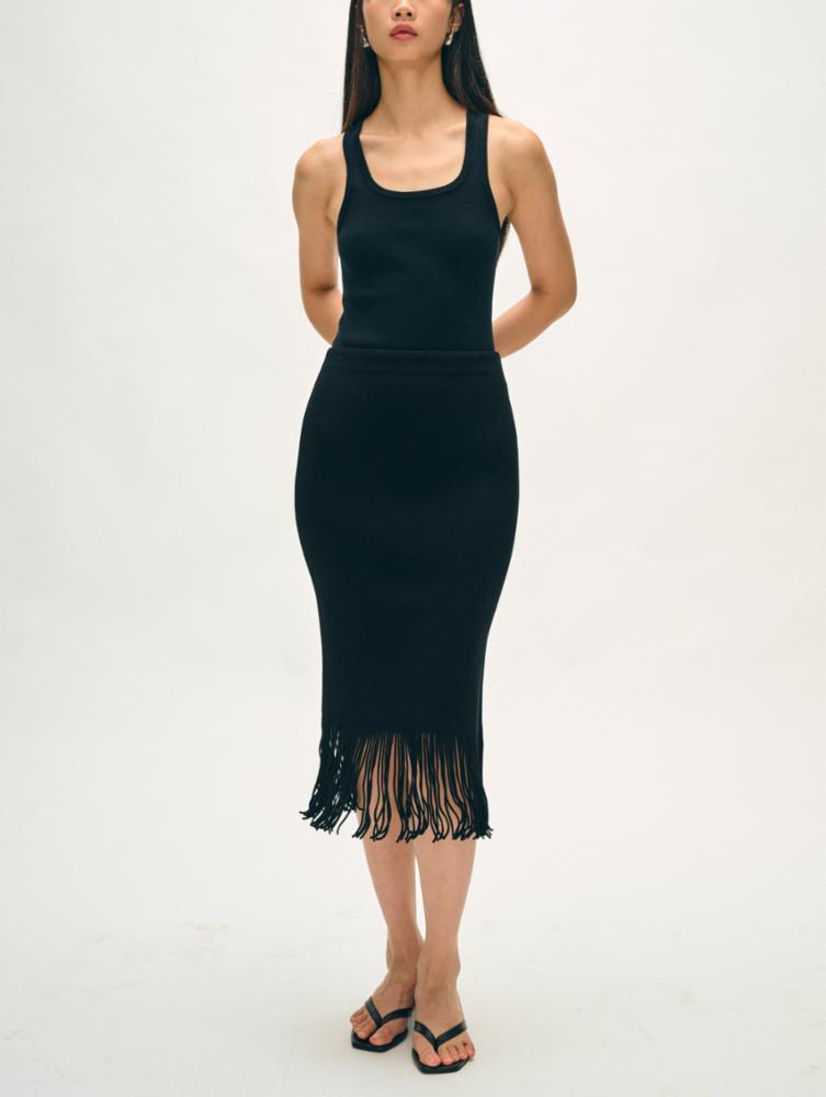 Viscose Blend Fringe Ribbed Skirt in Black