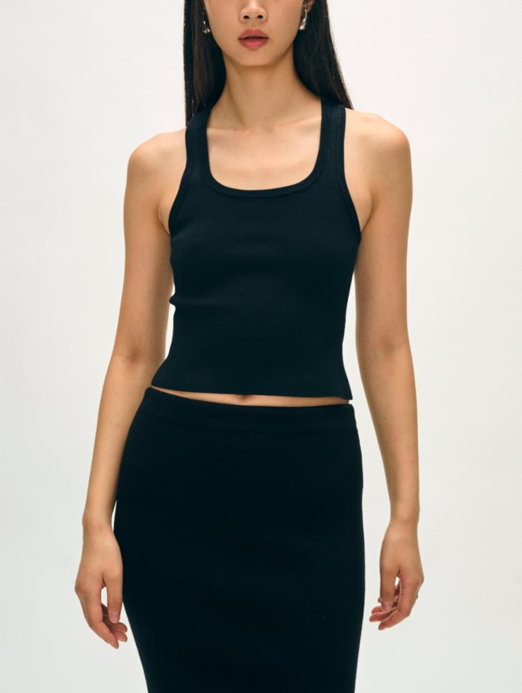 Viscose Blend Ribbed Tank in Black