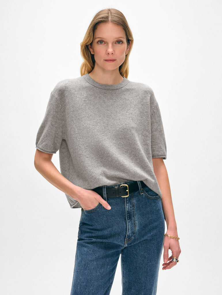 Cashmere Roll Trim T-Shirt in Grey Heather