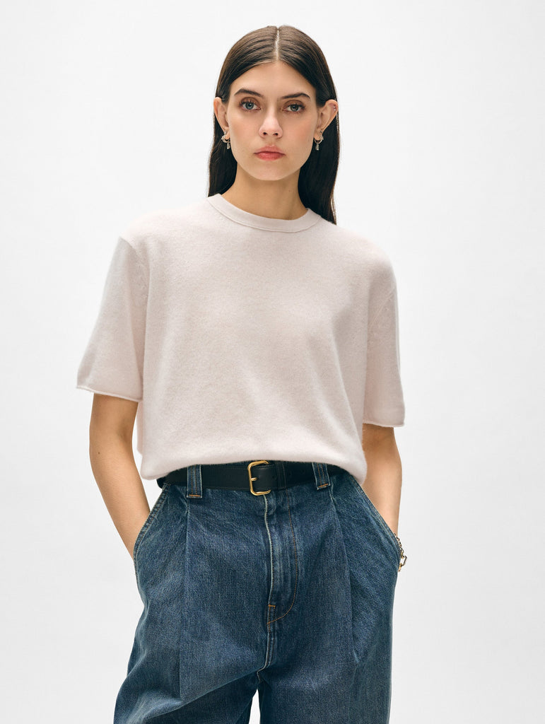 Cashmere Roll Trim T-Shirt in Soft White