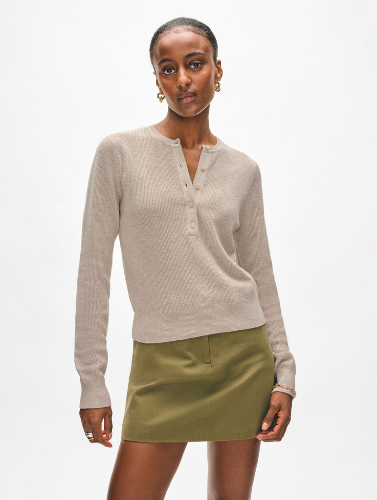 Fine Cotton Ribbed Henley in Flax