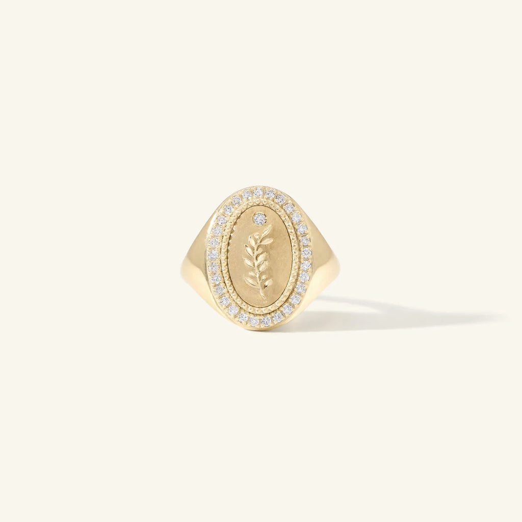 Pave Diamond Olive Branch Signet Ring