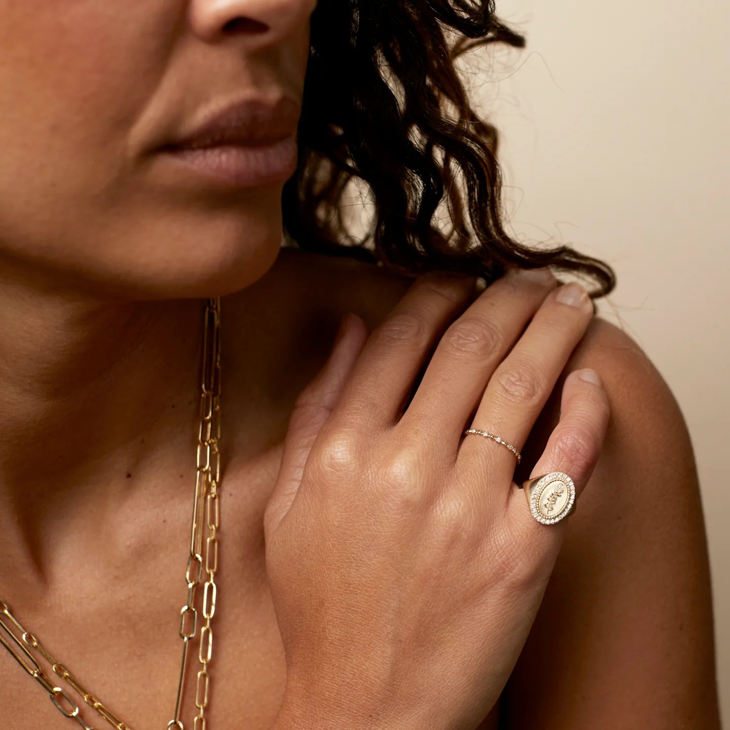 Pave Diamond Olive Branch Signet Ring