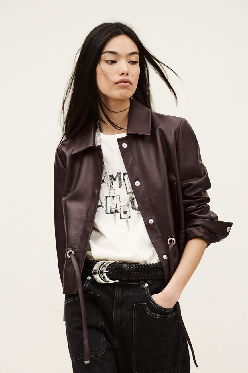 Manita Cropped Leather Jacket. Prune