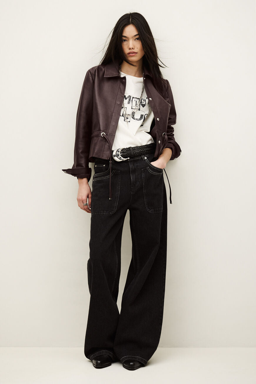Manita Cropped Leather Jacket. Prune