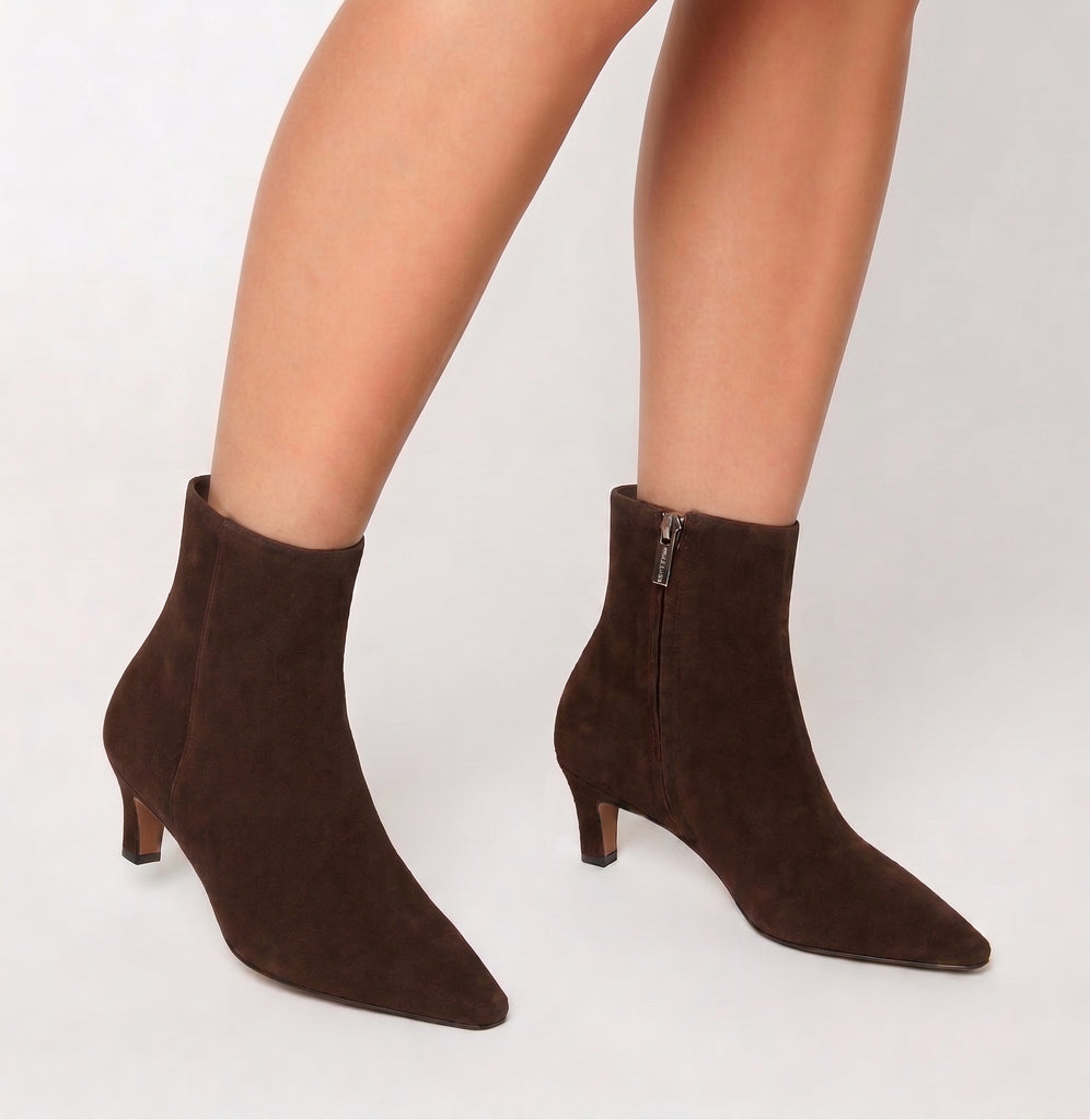 Bev Suede Heeled Bootie in Brunette