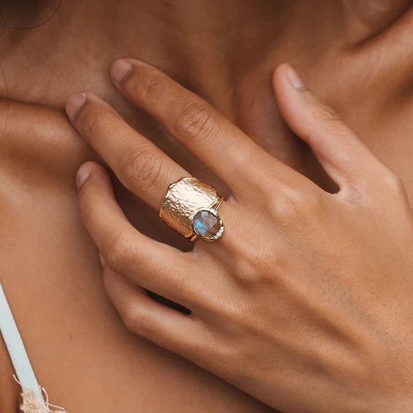 labradorite diamond mood ring in 14k solid gold