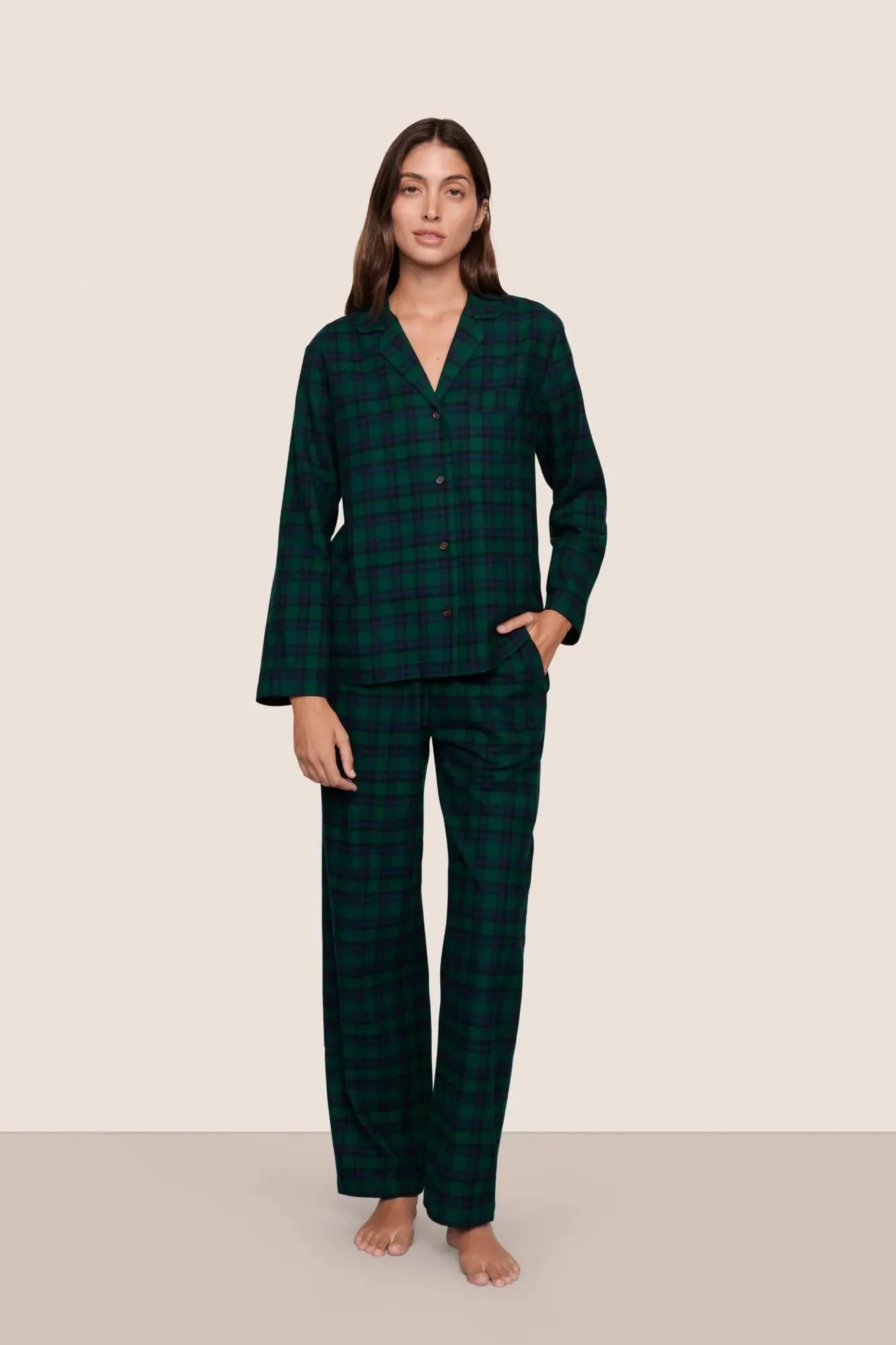 Flannel Long PJ Set in Black Watch Tartan Rainforest/Navy