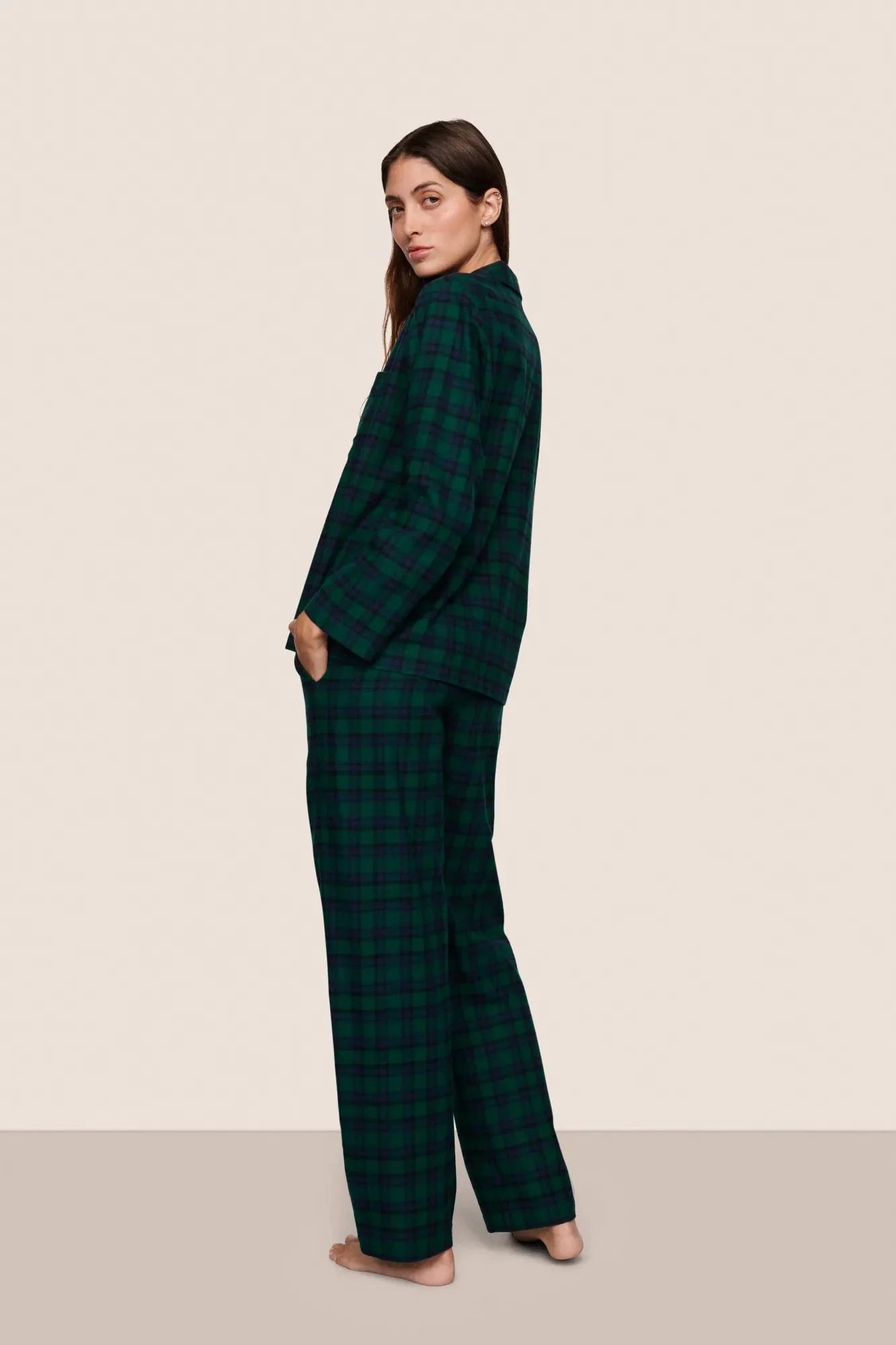 Flannel Long PJ Set in Black Watch Tartan Rainforest/Navy