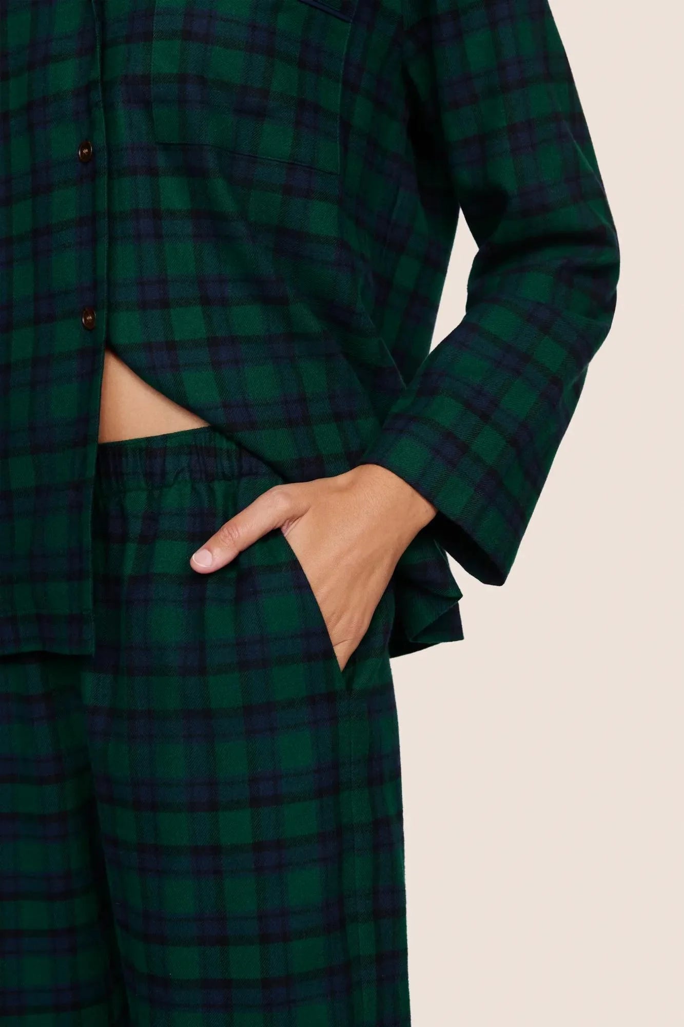 Flannel Long PJ Set in Black Watch Tartan Rainforest/Navy