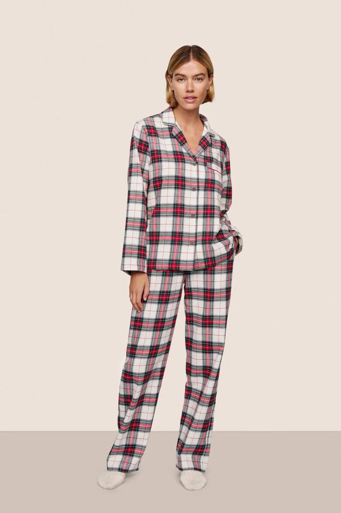 Flannel Long PJ Set in Tartan Plaid Ivory/Holly Red