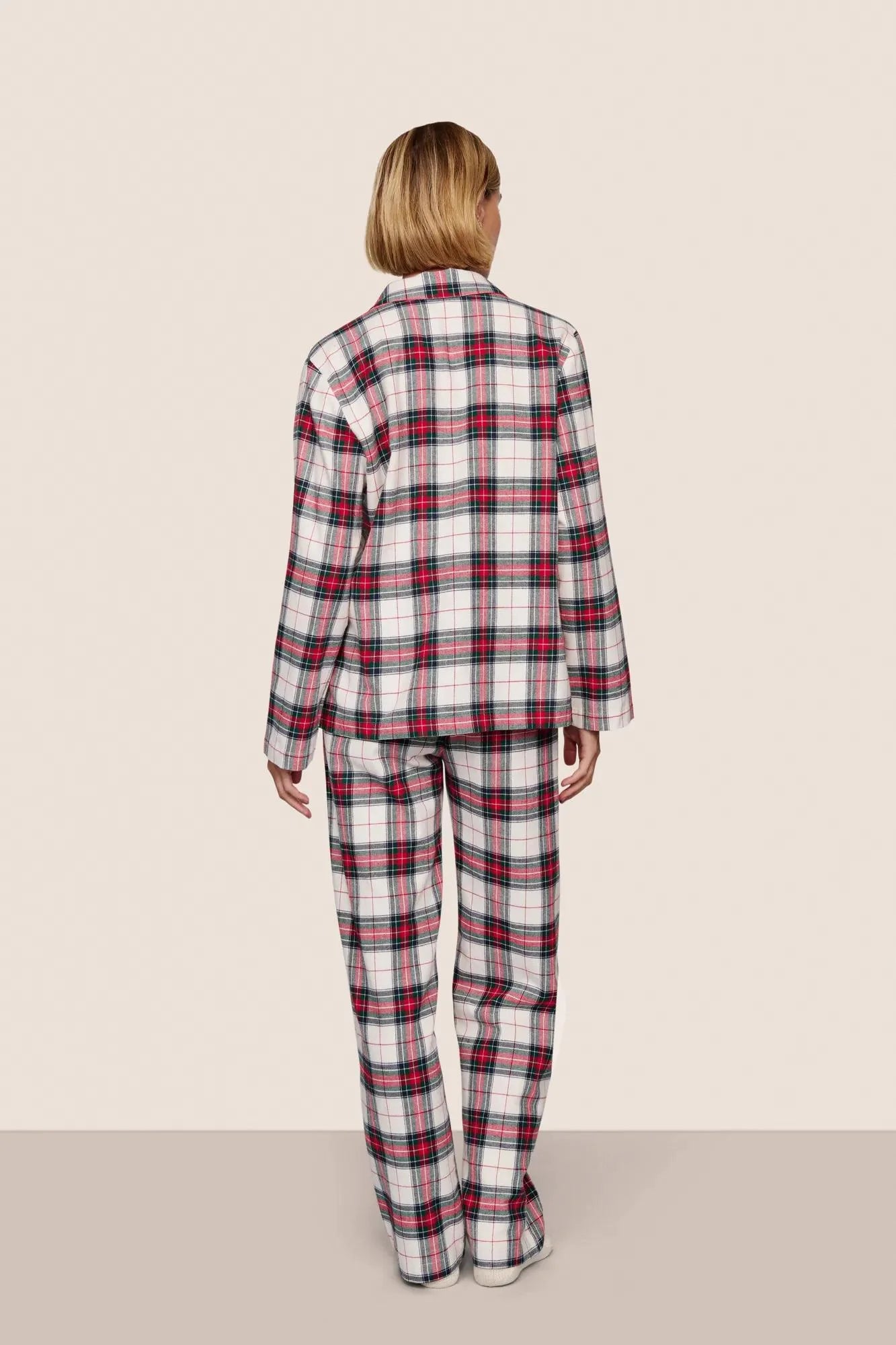 Flannel Long PJ Set in Tartan Plaid Ivory/Holly Red