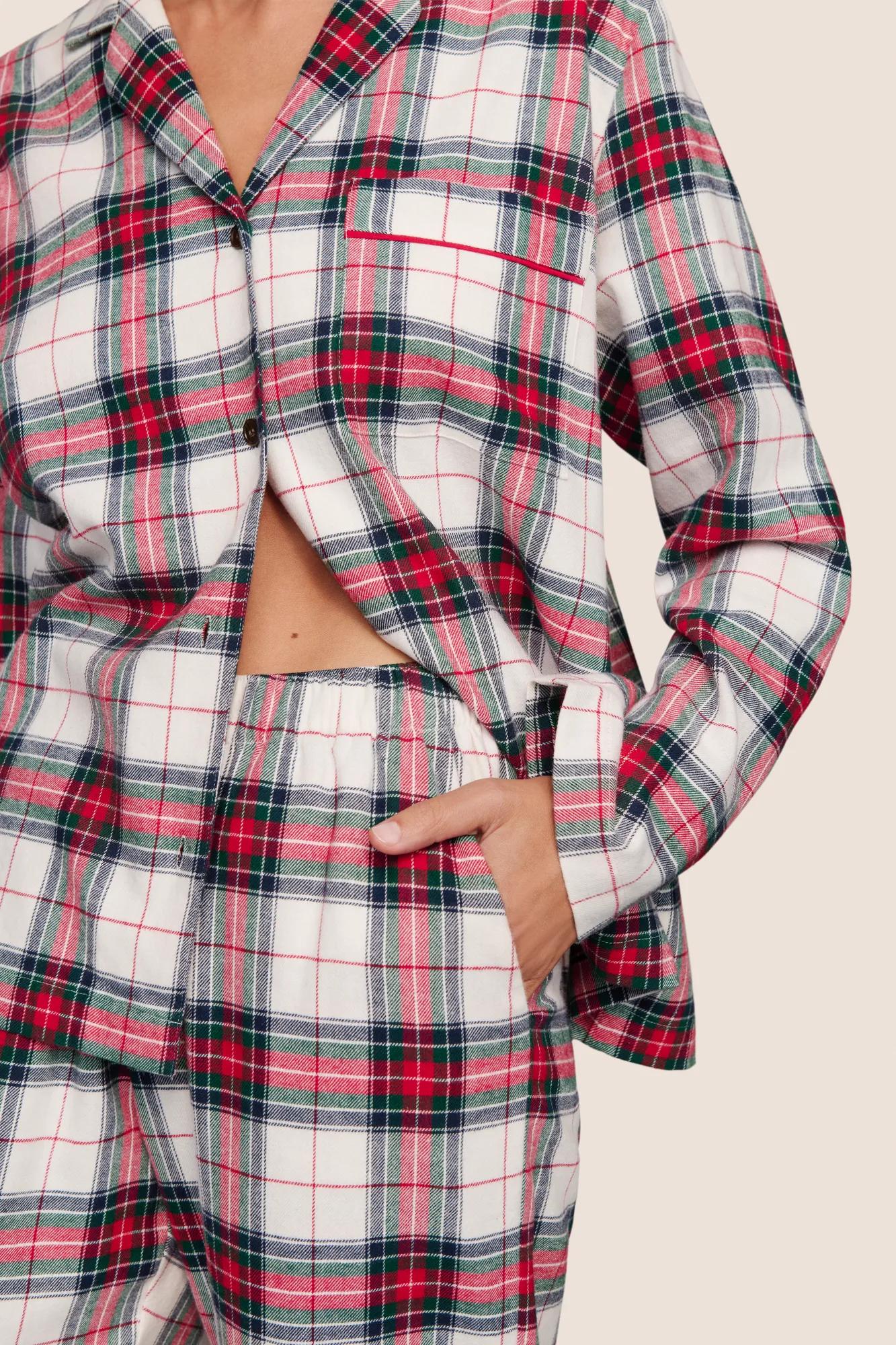 Flannel Long PJ Set in Tartan Plaid Ivory/Holly Red