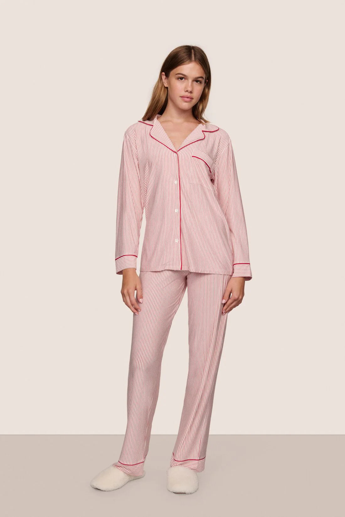 Gisele Long PJ Set in Duo Stripe Holly Red/Holly Red