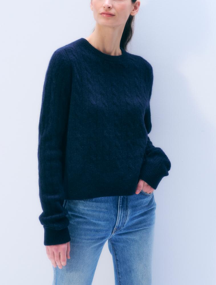 Cashmere Varsity Cable Crewneck in Deep Navy