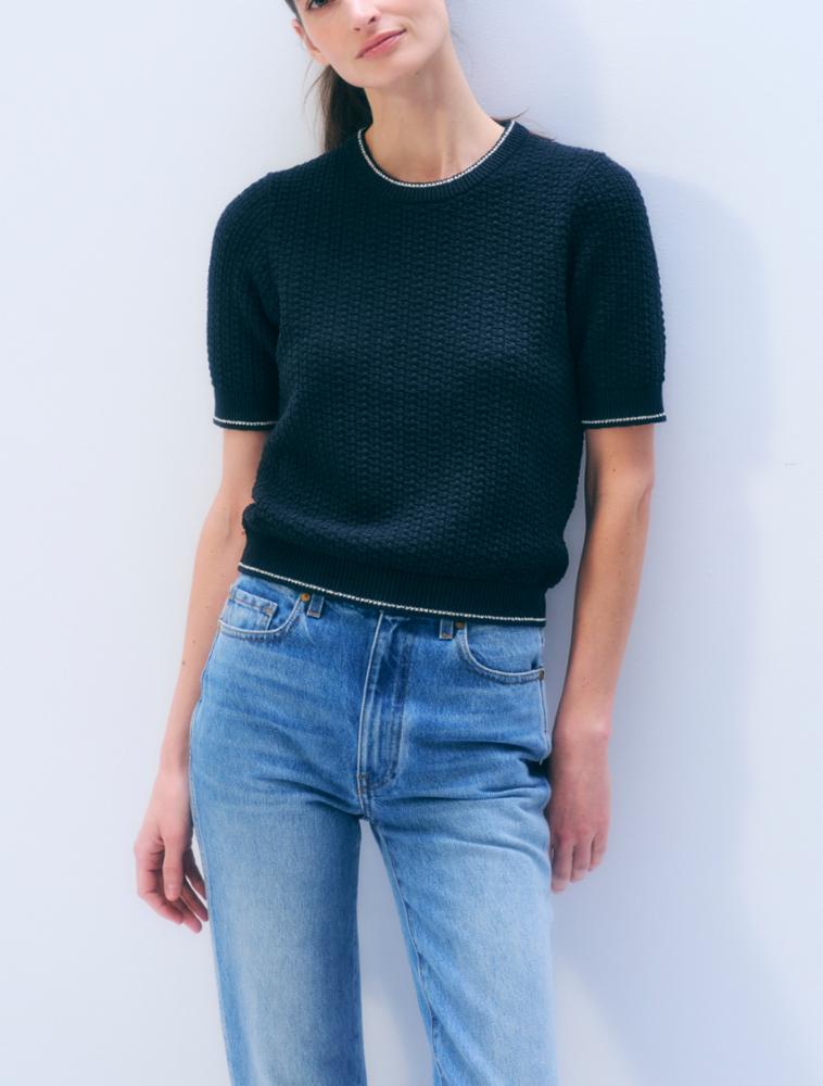 Cotton Boucle Tee in Midnight/Ivory Tipping