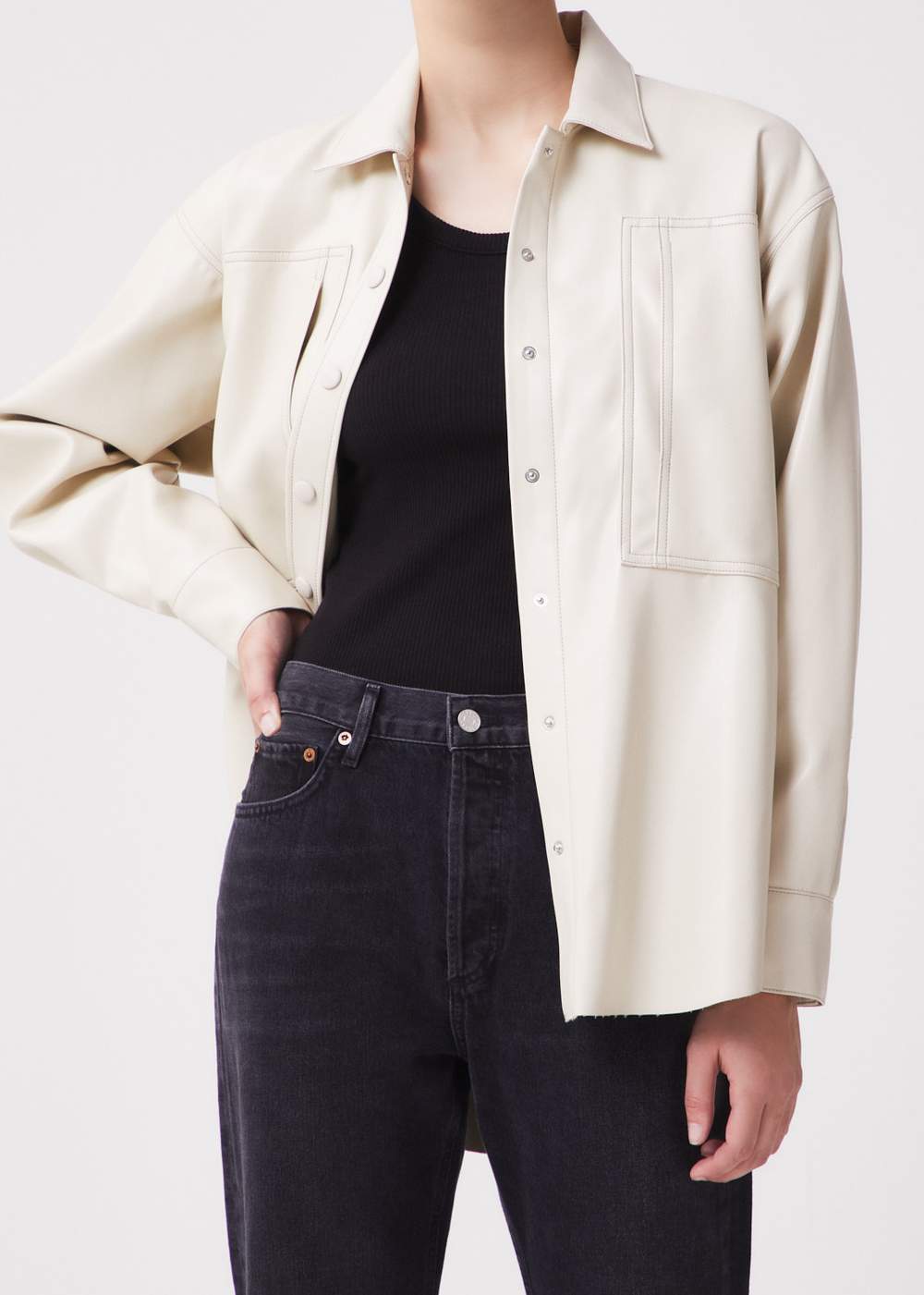 Utility Vegan Leather Relaxed Shirt in Powder