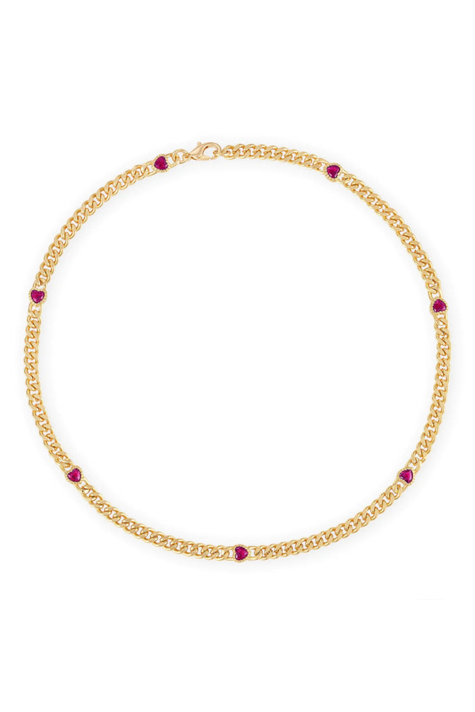 Heart Cuban Chain Necklace in Ruby - 15.5"